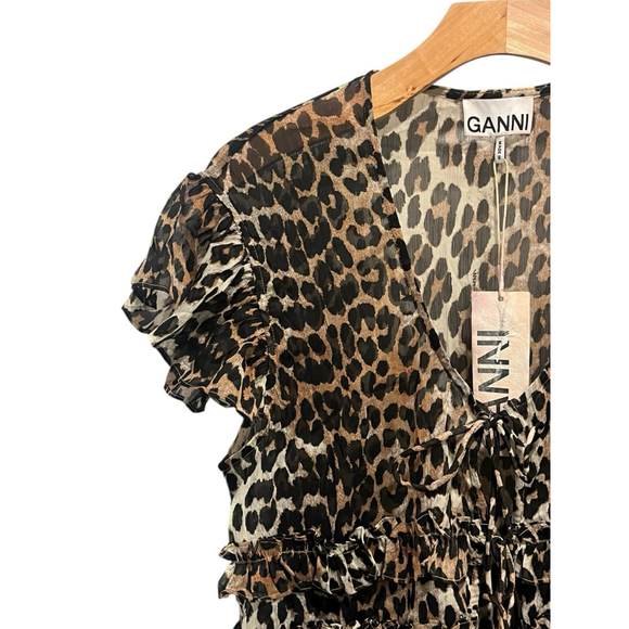 Ganni Blouse Womens Size 32 EU or XXS US Leopard Print Tie Front Short Sleeve - Picture 2 of 10